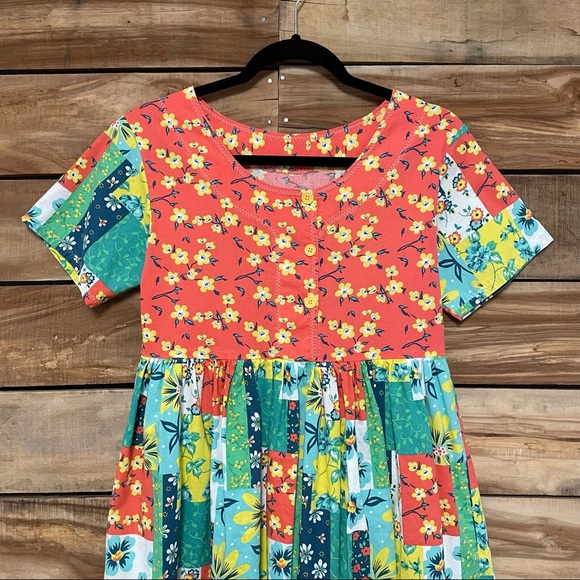 Prairie handmade patchwork floral bright short sleeve dress medium - Picture 6 of 7